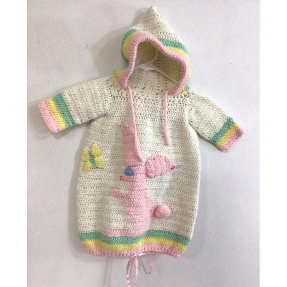 Vintage 70s Baby Hand Knit Hooded Bunting Coat Suit Crochet 0-6M